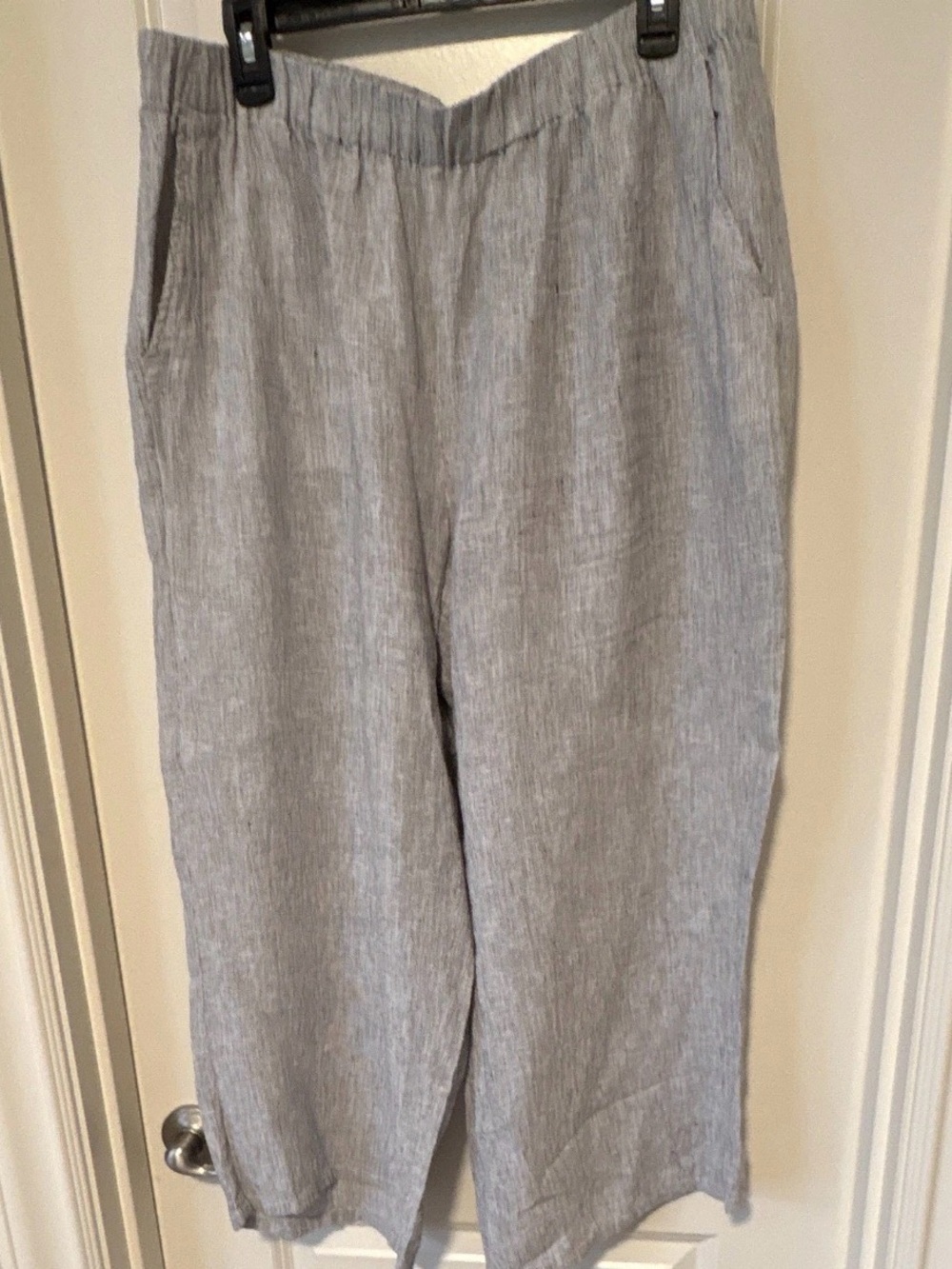 Eileen Fisher Women's Gray/white Linen Wide-Leg Cropped Pull On Pants L